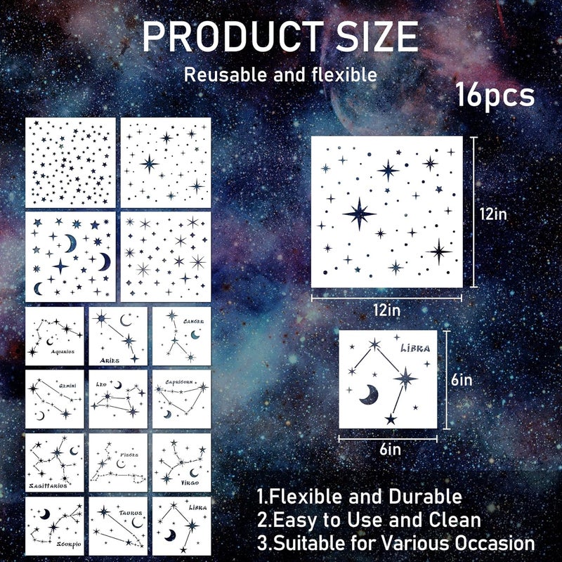 Keluna Star Stencils for Wall Decor - 16 Pcs Reusable Star Moon Zodiac Constellation Stencils for Wood, Canvas, Furniture - Image 3